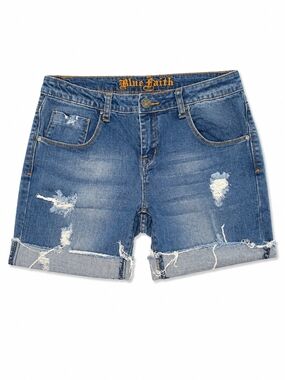 Blue Faith Distressed And Cuffed Blue Denim Shorts, Size 13/14